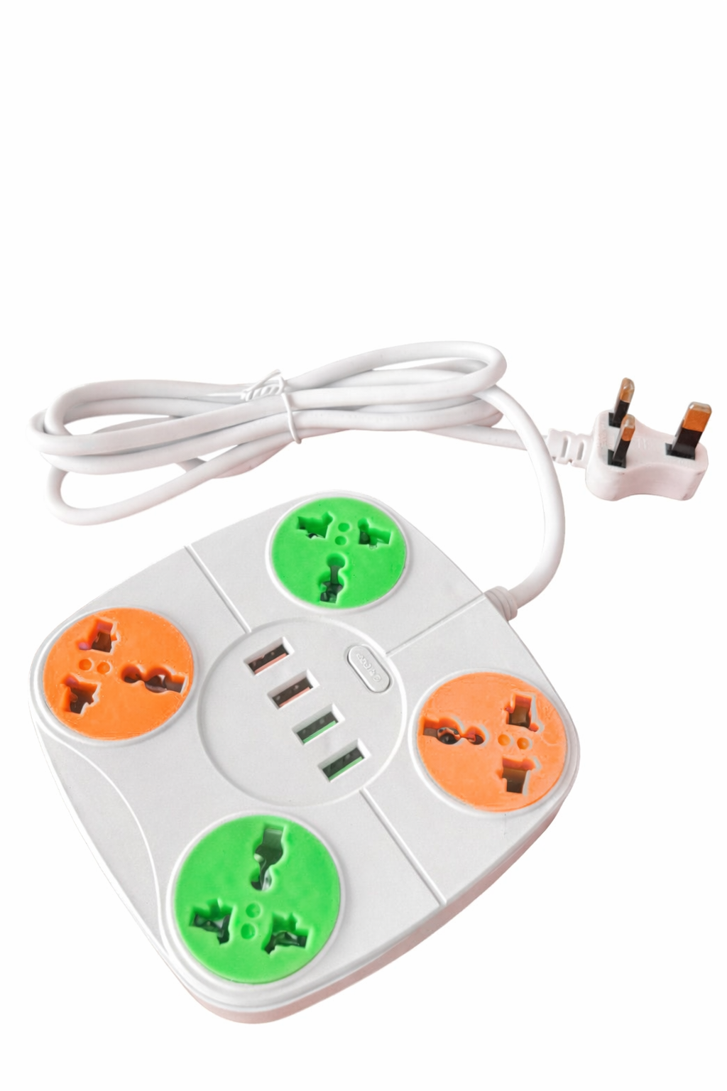 Multi‑Socket Power Extension with Dual USB Ports 4/6 Way Universal Plug compatible with most plug types and 2 USB charging ports for phones, tablets and other gadgets