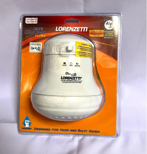 Lorenzetti Hot Water Instant Shower for Fresh & Salty Water – 3 Temperature Settings, Energy-Saving Electric Water Heater, Large Spreader Design, Compatible with Borehole & Hard Water