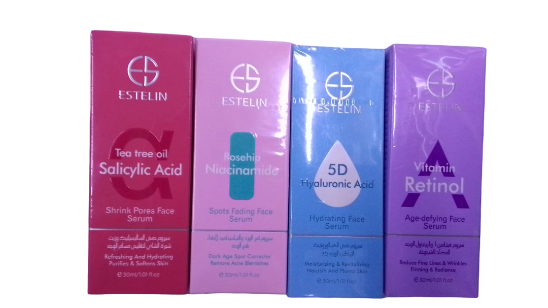 ESTELIN Face Serum Collection each 30ml – Tea Tree & Salicylic Acid, Rosehip & Niacinamide, 5D Hyaluronic Acid, Vitamin A Retinol – Pore Shrinking, Spot Fading, Hydrating & Age-Defying Set