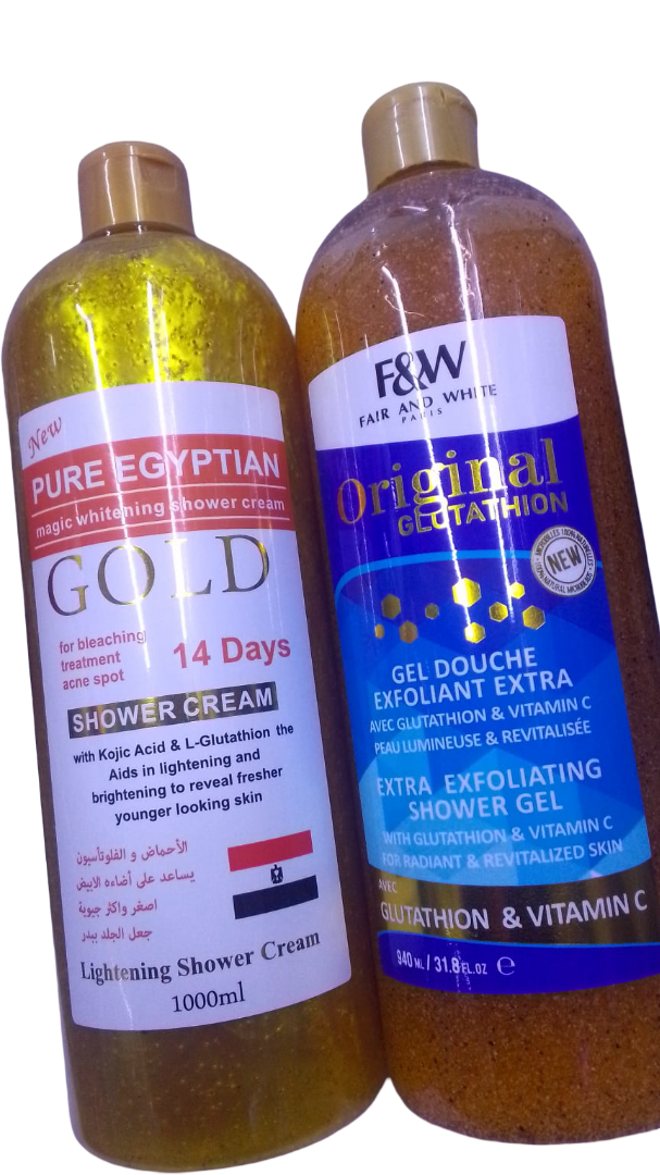 Pure Egyptian Gold Magic Whitening Shower Cream & Fair & White Paris Exfoliating Shower Gel – 1000ml + 940ml Skin Brightening Duo, Kojic Acid & Glutathione Formula