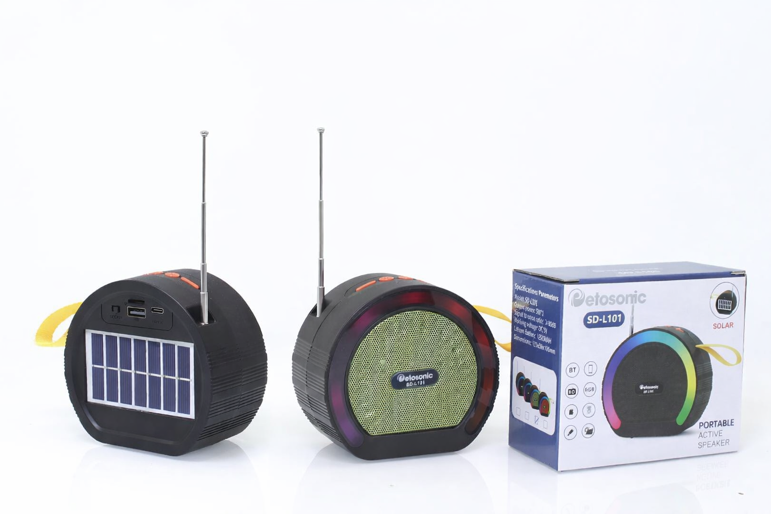 Petosonic SD-L101 Portable Solar Bluetooth Speaker – Active RGB Light Party Speaker with FM Radio, USB/TF Card Support & Rechargeable Battery