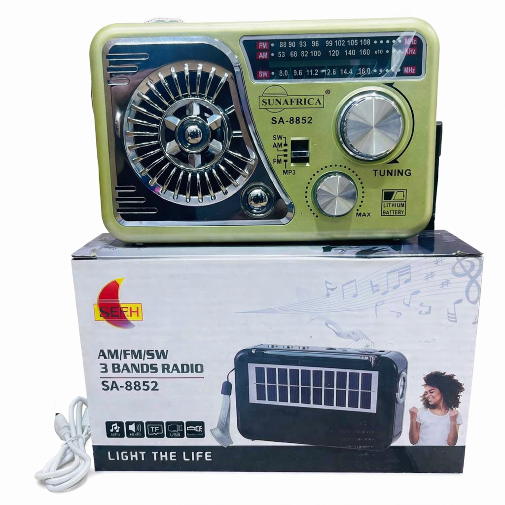Sunafrica SA-8852 Portable Radio – 3-Band (AM/FM/SW) with MP3 Player, USB/TF Card Support, Solar Charging & Rechargeable Battery
