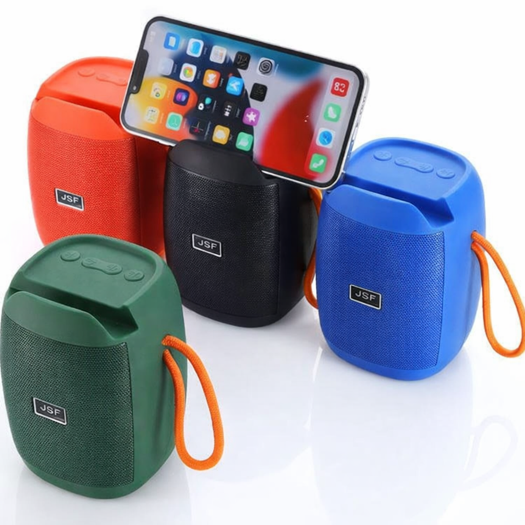 JSJZ JZ-111 Portable Bluetooth Speaker – Built-in Phone Holder with FM Radio, USB/TF Card Support & Rechargeable Battery