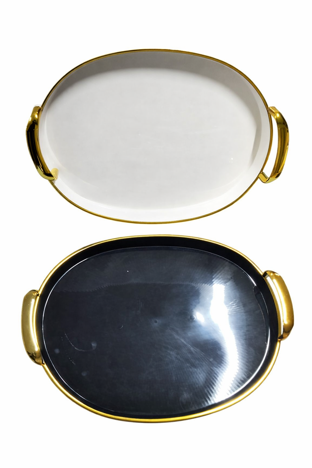 House Household and Aesthetic Oval Plastic Serving Tray – Elegant Gold Handles, Lightweight Decorative Tray for Coffee Table, Ottoman & Living Room