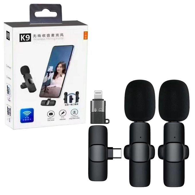 K9 Dual Wireless Lavalier Microphone system with noise cancelation 💥Plug & Play: No app or Bluetooth needed; the receiver plugs into your device's charging port and pairs automatically. 💥Noise Re