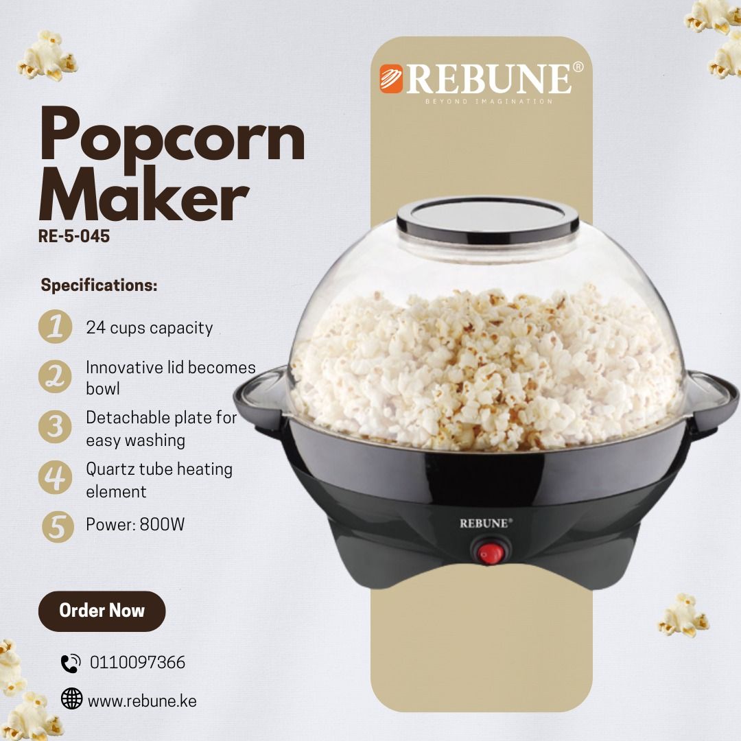🍿 Rebune Popcorn Maker – Fresh Popcorn in Minutes! 🔥 Enjoy delicious homemade popcorn anytime with the Rebune Popcorn Maker (RE-5-045). Perfect for movie nights, family time, and parties. Just add