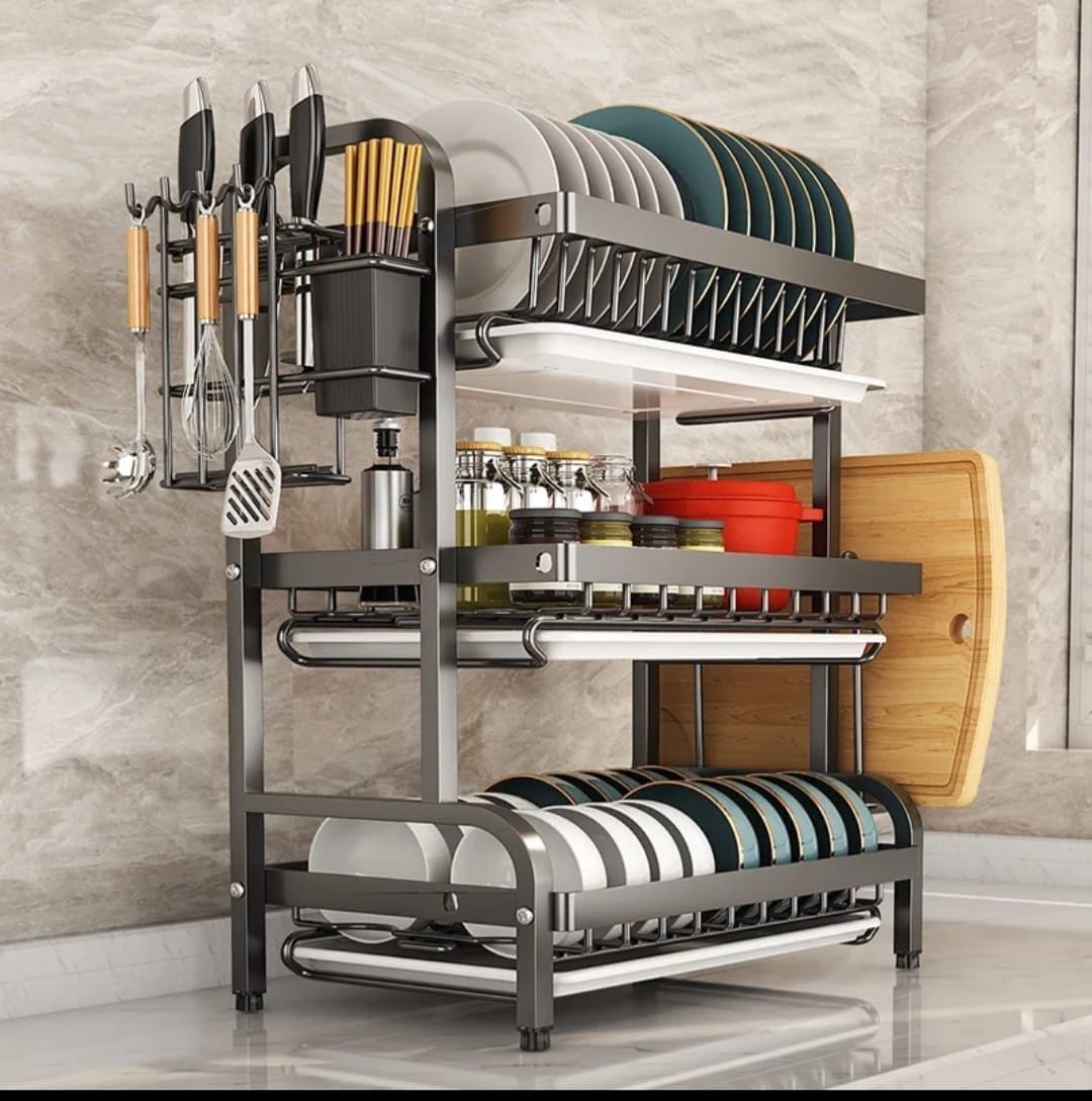 🍽️ 3-Tier Carbon Steel Dish Rack – Strong, Spacious & Stylish!💥Upgrade your kitchen organization with this High-Quality 3-Tier Dish Drying Rack, designed to save space and keep your kitchen neat and