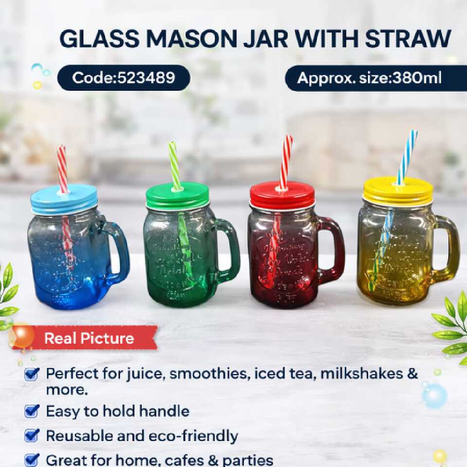 ⭐ NEW ARRIVAL – Glass Mason Jar with Straw ⭐380ml Enjoy your favorite drinks in style with this trendy Glass Mason Jar with Straw — perfect for refreshing beverages at home