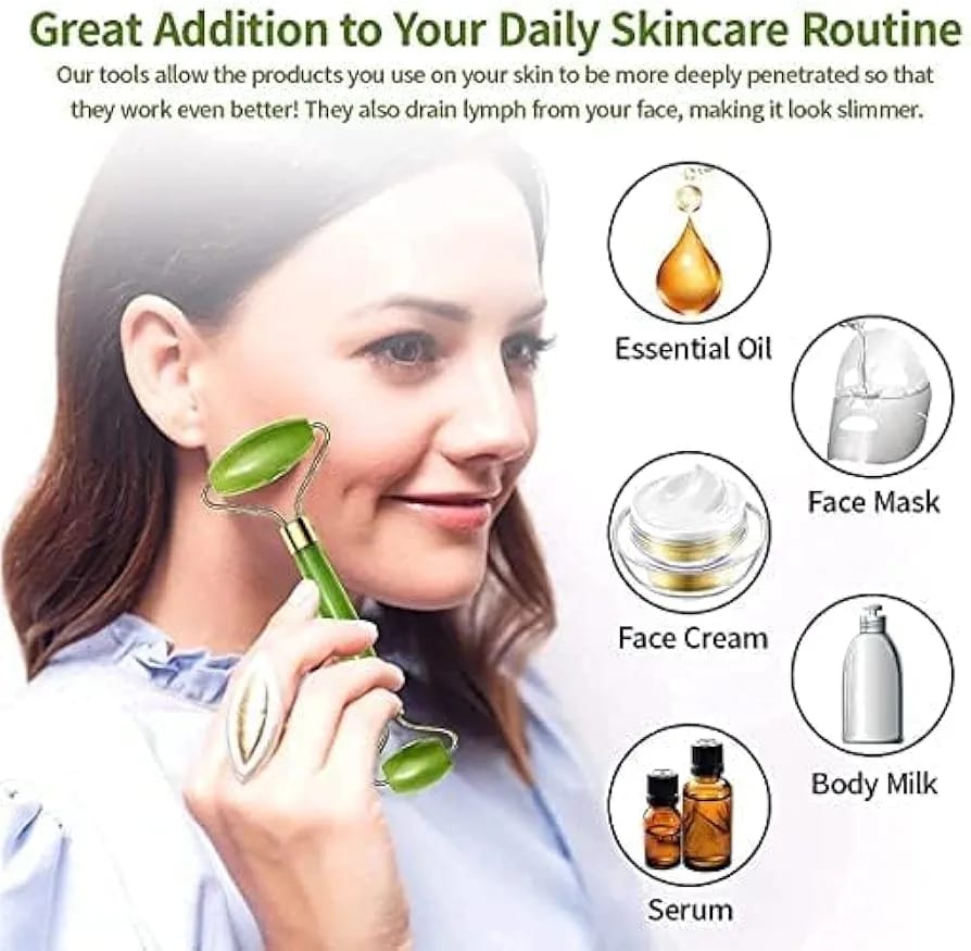 ✨ Jade Facial Roller & Gua Sha Set – Glow Naturally 💆‍♀️🌿Upgrade your skincare routine with this luxurious jade facial roller and gua sha set, designed to leave your skin refreshed, lifted, and gl