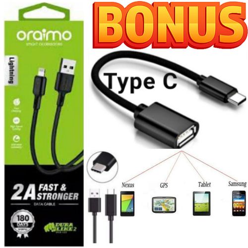 Oraimo NEW Fast Charging USB Cable Type C For High Speed Data Transfer For XIAOMI Redmi 12C , Samsung Galaxy A14 + OTG Cable