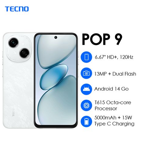 New Arrival TECNO POP 9 128GB + 6(3+3)GB 4.5G Fast Network 6.6" 120Hz Dual Speakers IP54 Waterproof 13MP 5000mAh Type-C Android 14 Dual SIM Smart Phones Side Fingerprint phone