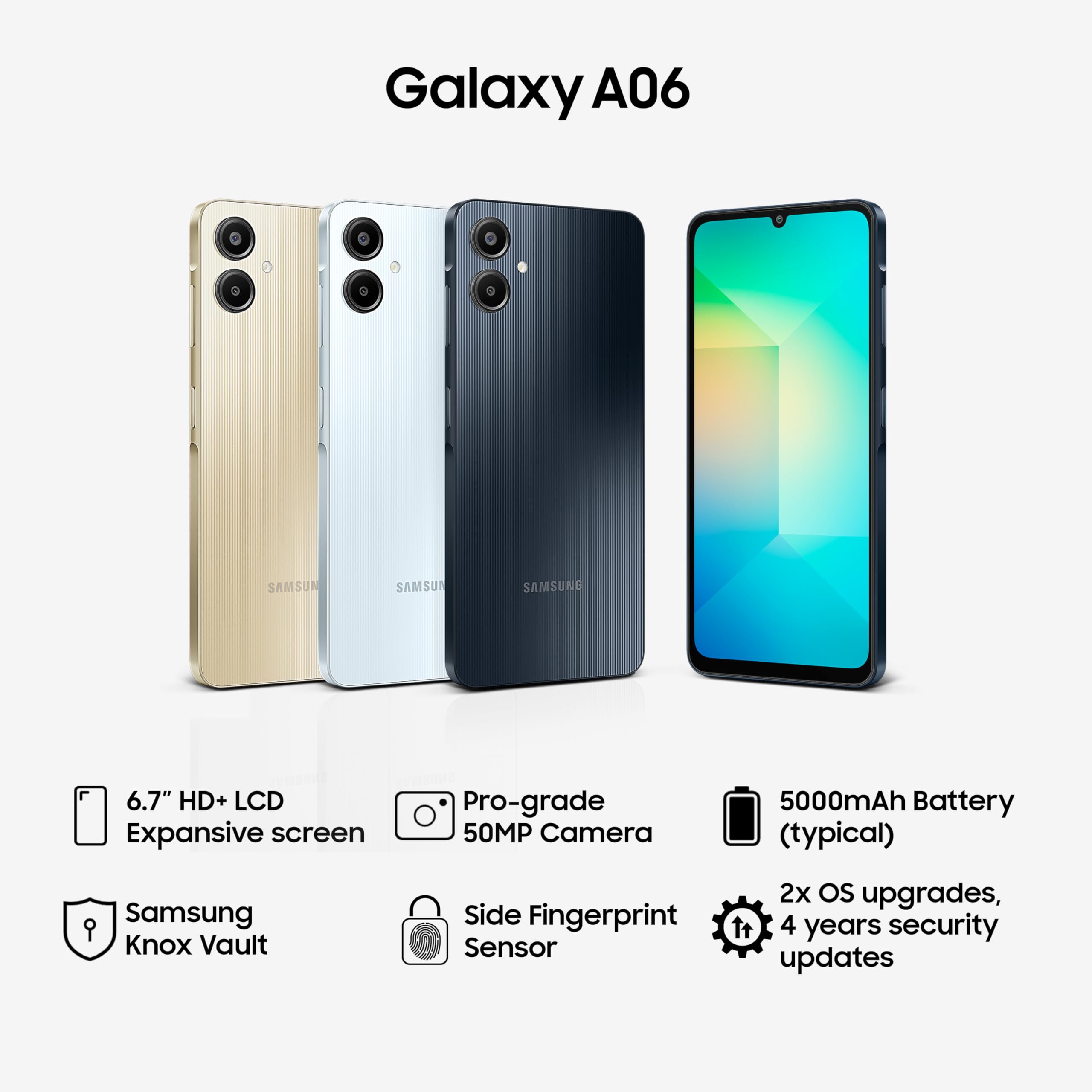 Samsung Galaxy A06 64GB+4GB 50MP Camera 6.7" 90Hz MTK Helio G85 (12nm) 5000mAh 25W Type-C Charge Android 14 Smart Phones Side Fingerprint Unlock phone