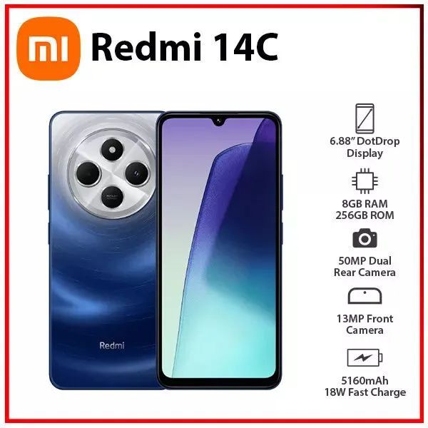 Xiaomi Redmi 14C 6.88" 256GB 128GB ROM 8GB RAM  4G Network Dual SIM 90Hz LCD Screen 50MP Camera 33W Type-C Charging 5000mAh Battery Fingerprin t& Face Smart Phones Phone