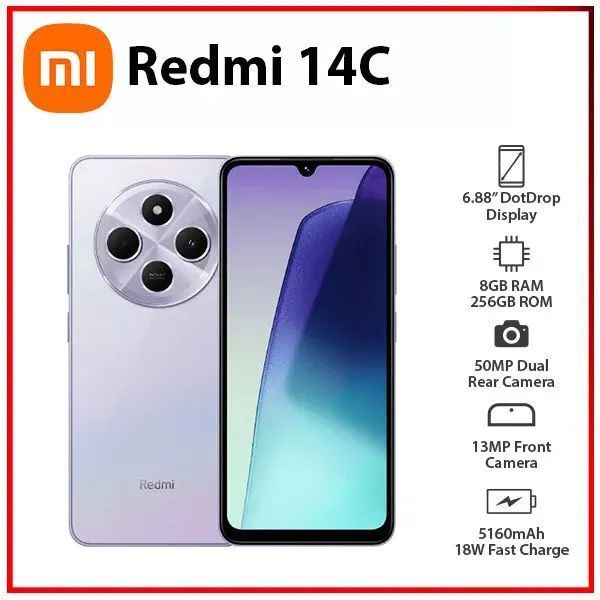 Xiaomi Redmi 14C 6.88" 256GB 128GB ROM 8GB RAM  4G Network Dual SIM 90Hz LCD Screen 50MP Camera 33W Type-C Charging 5000mAh Battery Fingerprin t& Face Smart Phones Phone
