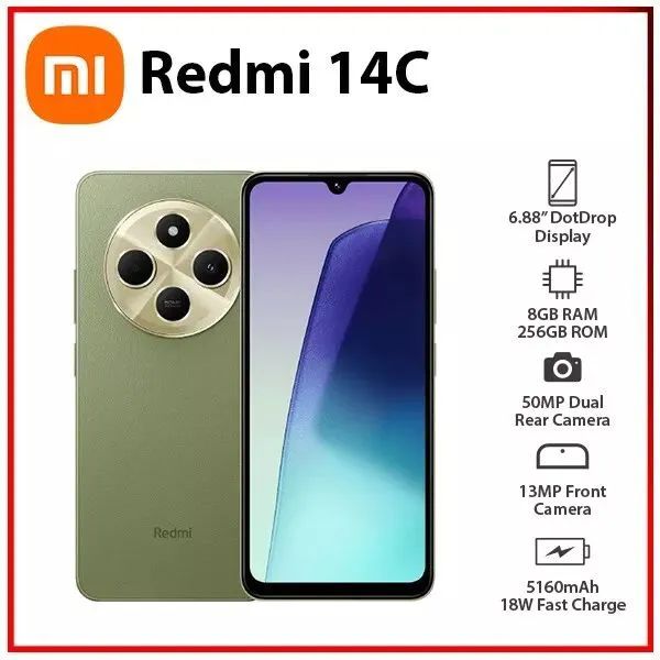 Xiaomi Redmi 14C 6.88" 256GB 128GB ROM 8GB RAM  4G Network Dual SIM 90Hz LCD Screen 50MP Camera 33W Type-C Charging 5000mAh Battery Fingerprin t& Face Smart Phones Phone