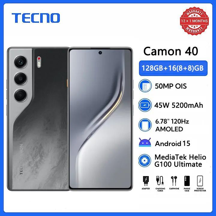 Tecno Camon 40 128GB+16(8+8)GB RAM 6.78" AMOLED 120Hz Screen MTK Helio G100 Ultimate 45W 5200mAh 50MP Dual Speaker Android 15 Smart Phones Dual Sim phone