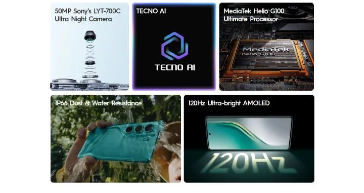 Tecno Camon 40 128GB+16(8+8)GB RAM 6.78" AMOLED 120Hz Screen MTK Helio G100 Ultimate 45W 5200mAh 50MP Dual Speaker Android 15 Smart Phones Dual Sim phone