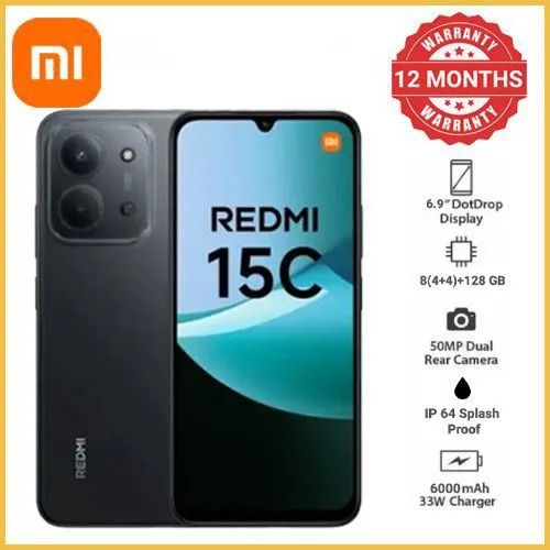 REDMI 15C 128GB Storage Upto 8(4+4)GB Ram 6.9'' FHD Immersive Display 50MP Main Cam +8MP front 6000mAh 33W Fast Charger Xiaomi Hyper OS Side Fingerprint Smartphone smart phones