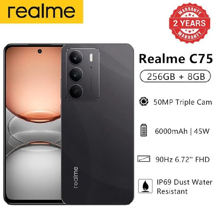New Arrival Realme C75 256GB+8GB IP69 Dust Water Resistant 6.72'' 90Hz 6000mAh 45W 50MP Camera Mediatek Helio G92 Max (12 nm) Android 14 Type-C Dual Sim Smart Phones Side Fingerprint Unlock phone