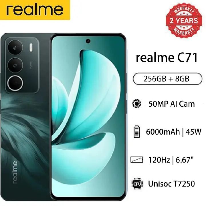 Realme C71 256GB ROM+8GB RAM 128GB+6GB 6.67" 120Hz 45W 6000mAh Large Battery 50MP AI Cam Dust Water Resistant Android 15 Type-C Dual Sim Side Fingerprint Smart Phones