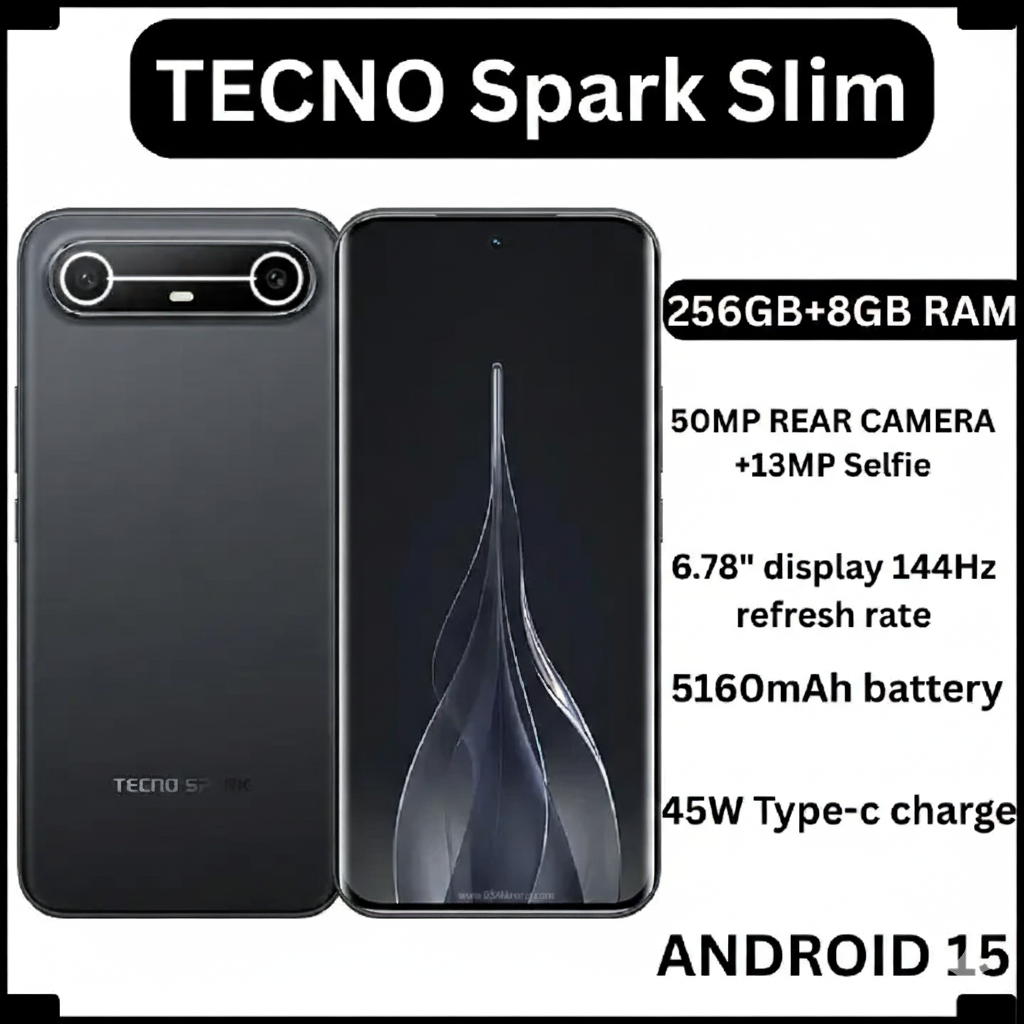 New Arrival Tecno Spark Slim 256GB 8GB Smartphone 5160 mAh Large Battery with 45W Super fast Charging IP 64 Rated Splash and dust resistance 6.78" Amoled Display 50MP Main Camera 13MP Selfie Tecno Pho