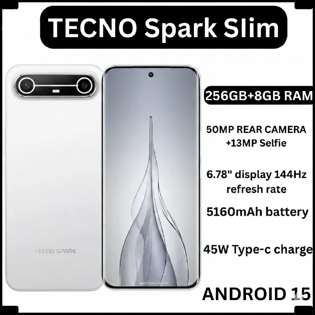New Arrival Tecno Spark Slim 256GB 8GB Smartphone 5160 mAh Large Battery with 45W Super fast Charging IP 64 Rated Splash and dust resistance 6.78" Amoled Display 50MP Main Camera 13MP Selfie Tecno Pho