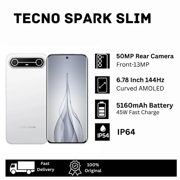New Arrival Tecno Spark Slim 256GB 8GB Smartphone 5160 mAh Large Battery with 45W Super fast Charging IP 64 Rated Splash and dust resistance 6.78" Amoled Display 50MP Main Camera 13MP Selfie Tecno Pho