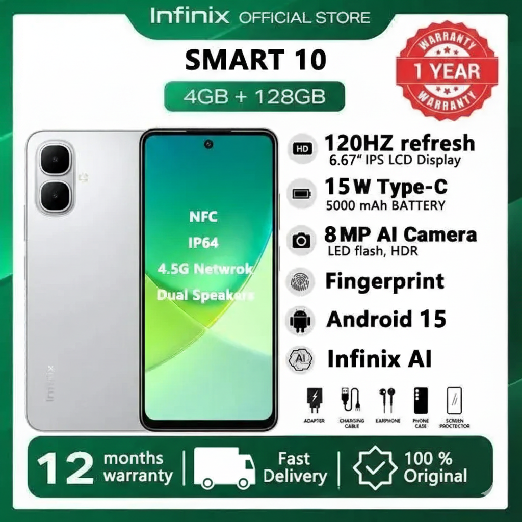 Infinix Smart 10: 6.67" 120Hz Display 128GB+4GB 5000mAh Long-Life Battery 4.5G Dual SIM Waterproof Dual Speakers 15W Charging NFC Fingerprint Lock Android15 AI Smart Phones