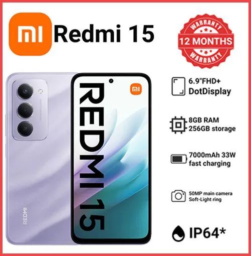 XIAOMI Redmi 15 256GB+16(8+8)GB 128GB+6GB 6.9 Inch 144Hz IPS LCD Display 7000mAh Battery 33W Fast Charging IP64 Dust/Water Resistant Dual SIM Snapdragon 685 SoC AI Smartphones