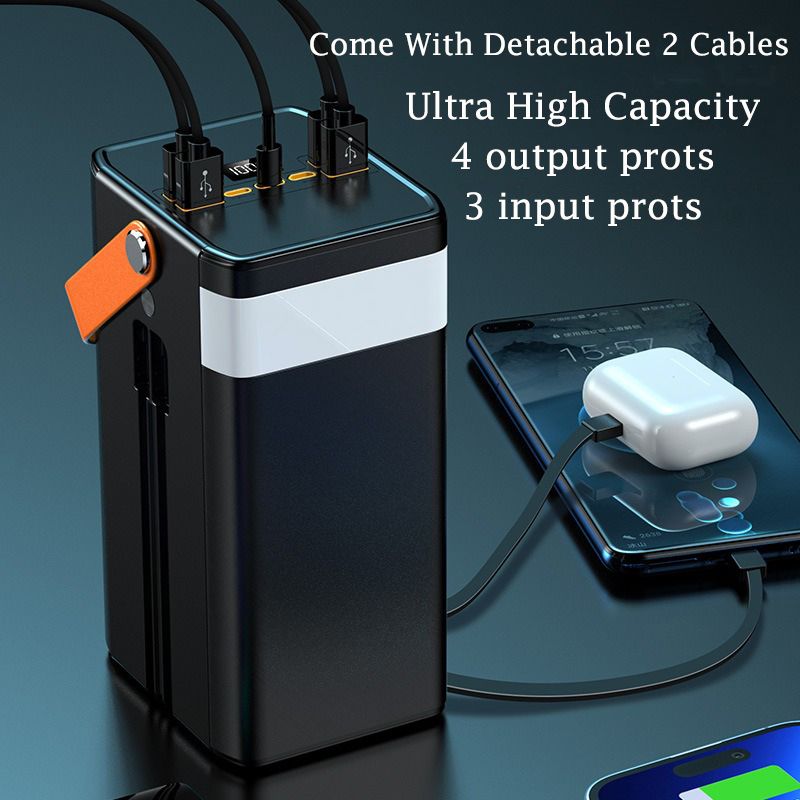 80000mAh Power Bank Portable PD 22.5w Fast Charge Powerbank With 2 Cable LED Camping Light With Handle LCD Display High Capacity Type-C Power Banks