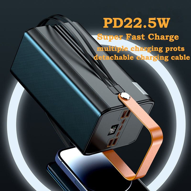 80000mAh Power Bank Portable PD 22.5w Fast Charge Powerbank With 2 Cable LED Camping Light With Handle LCD Display High Capacity Type-C Power Banks