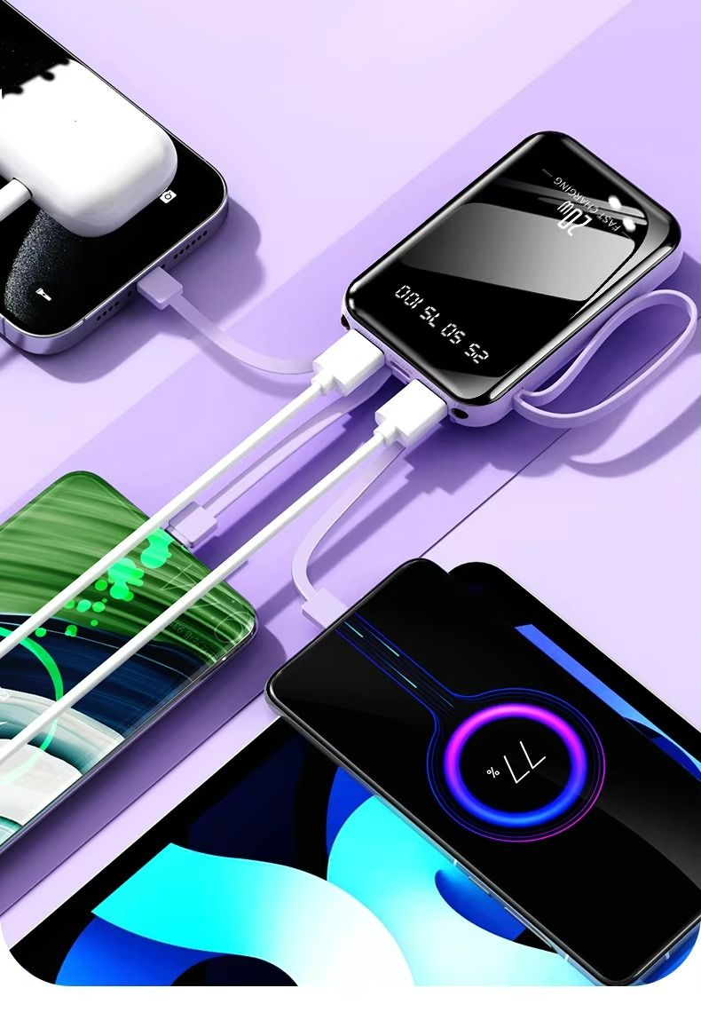 Built in 4 Cables Power Banks 10000mAh Powerbank 2A Fast Charge Portable Power Banks Display Mobile Power Built-In Flashlight Micro Portable Powerbank
