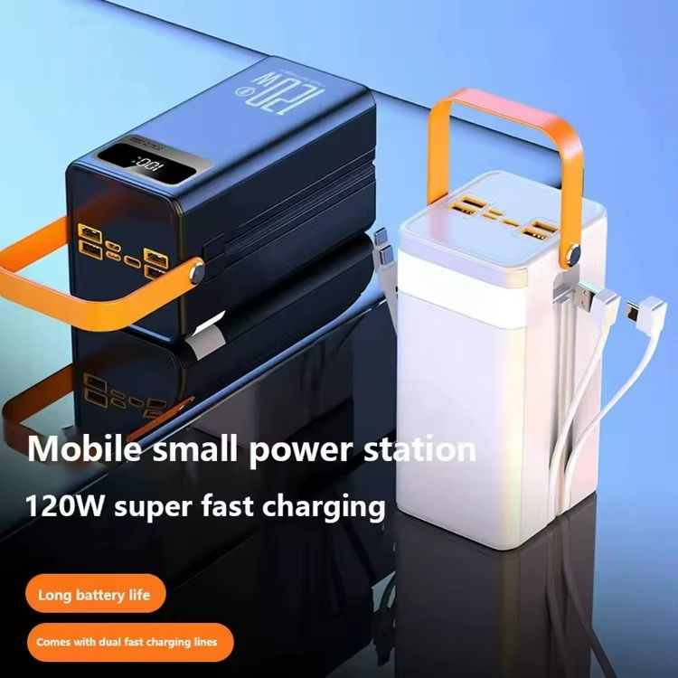 80000mAh Power Bank Portable PD 22.5w Fast Charge Powerbank With 2 Cable LED Camping Light With Handle LCD Display High Capacity Type-C Power Banks