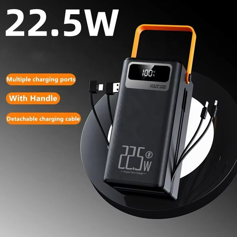 80000mAh Power Bank Portable PD 22.5w Fast Charge Powerbank With 2 Cable LED Camping Light With Handle LCD Display High Capacity Type-C Power Banks