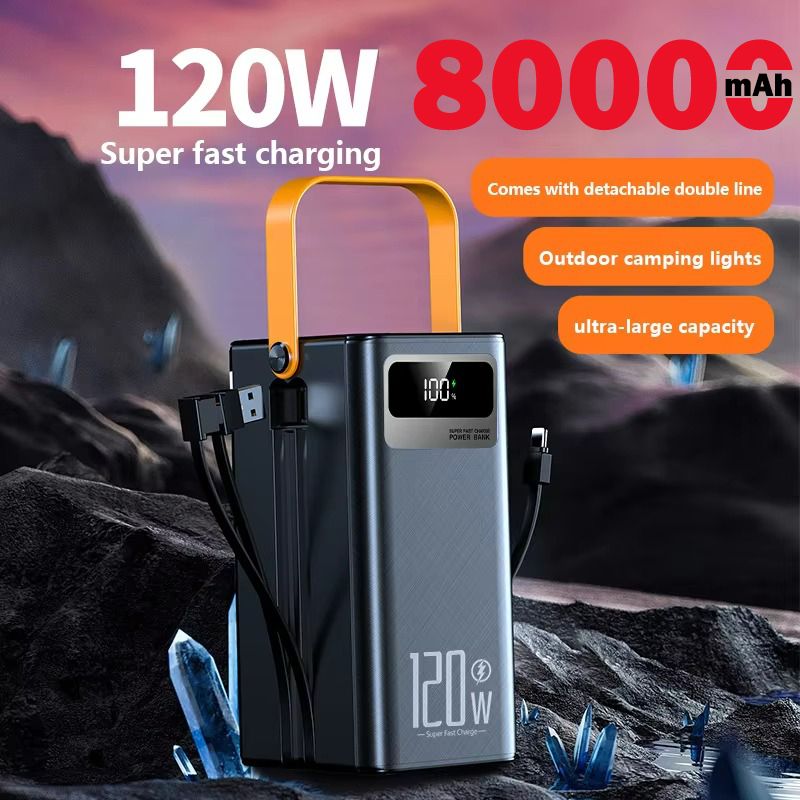 80000mAh Power Bank Portable PD 22.5w Fast Charge Powerbank With 2 Cable LED Camping Light With Handle LCD Display High Capacity Type-C Power Banks