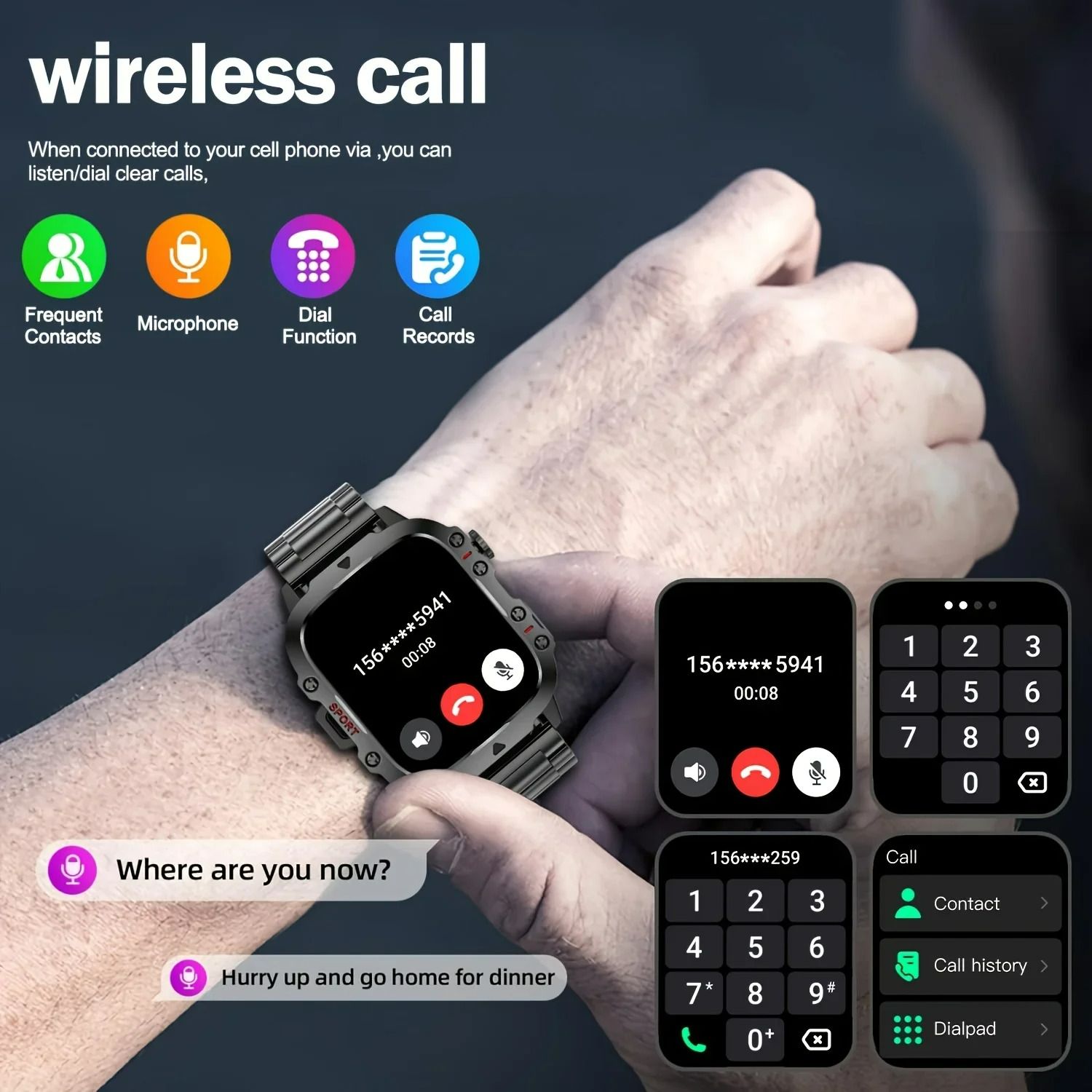 Outdoor Military Smart Watch 1.96inch Large Screen HD Bluetooth Call SOS Voice Assistant Men Women Smartwatch Sports Fitness Tracker Compatible With Android/IOS Phones