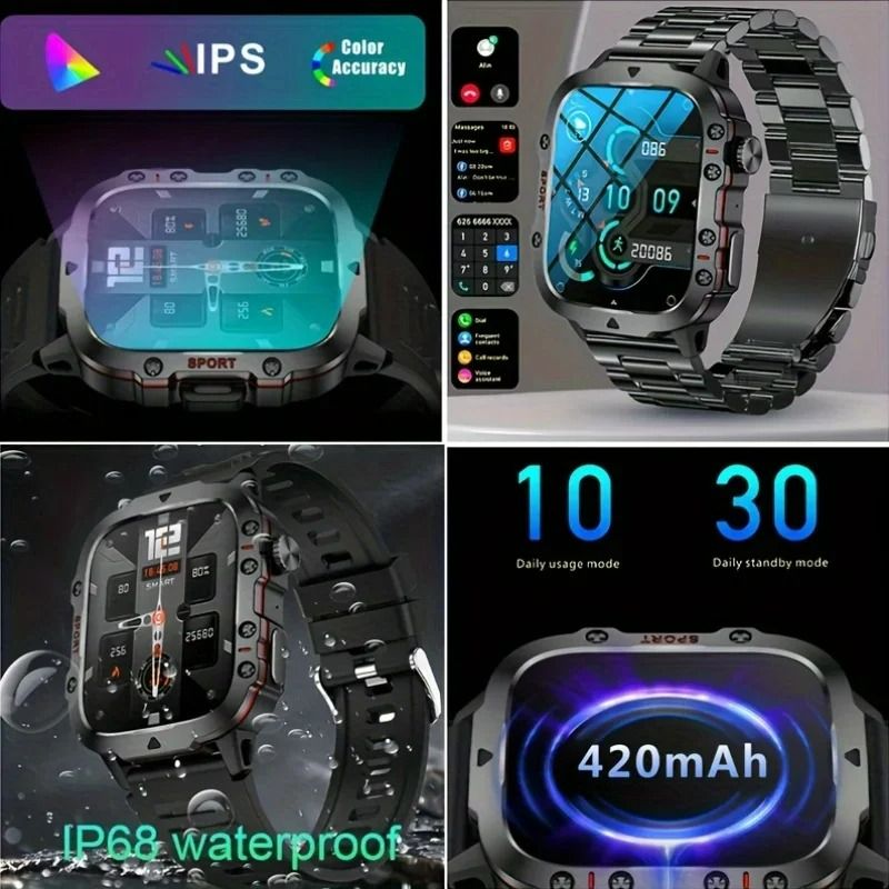 Outdoor Military Smart Watch 1.96inch Large Screen HD Bluetooth Call SOS Voice Assistant Men Women Smartwatch Sports Fitness Tracker Compatible With Android/IOS Phones