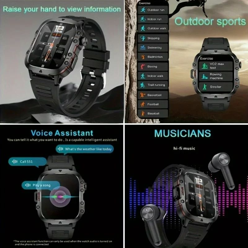 Outdoor Military Smart Watch 1.96inch Large Screen HD Bluetooth Call SOS Voice Assistant Men Women Smartwatch Sports Fitness Tracker Compatible With Android/IOS Phones