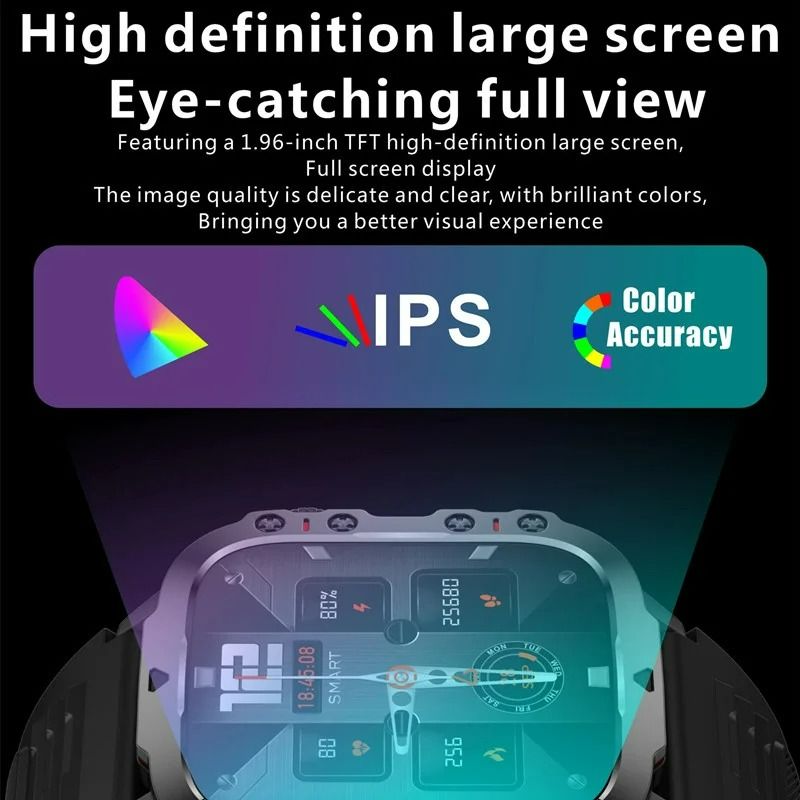 Outdoor Military Smart Watch 1.96inch Large Screen HD Bluetooth Call SOS Voice Assistant Men Women Smartwatch Sports Fitness Tracker Compatible With Android/IOS Phones