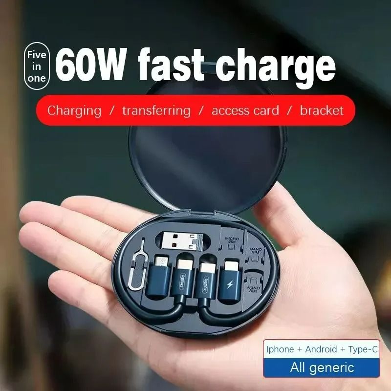 5-in-1 60W Portable Multifunctional Data Cable Storage Box USB Type C to C Charging Adapter Cable Kit Charging Data Cable Sim Card Tray Eject Tool and Slots