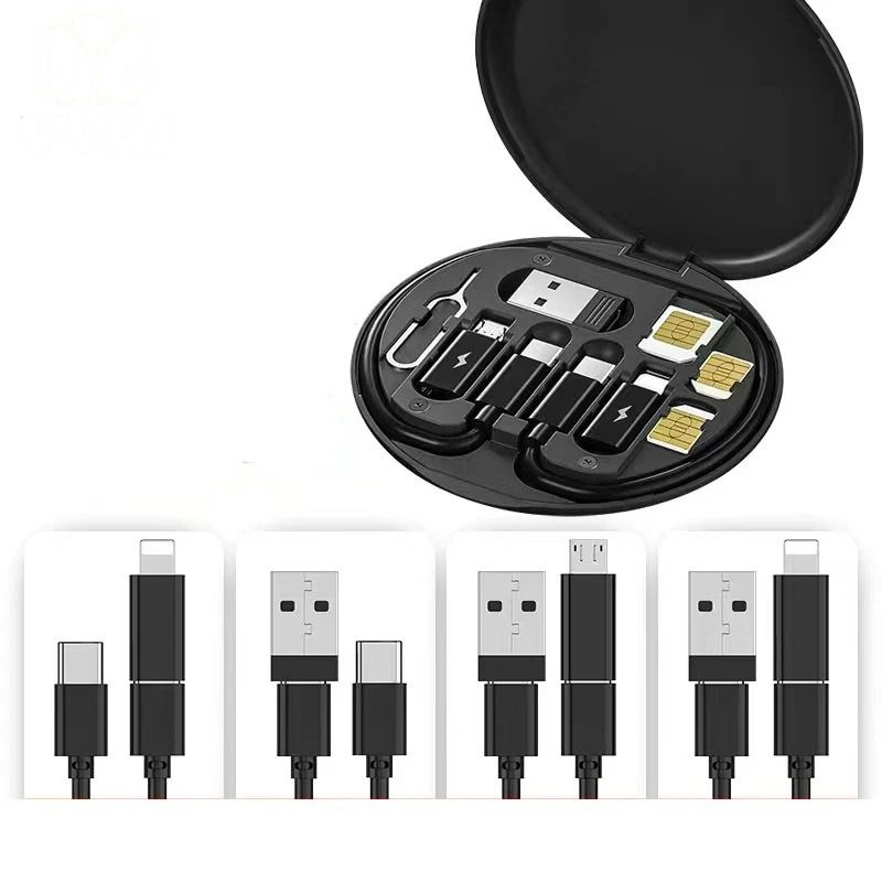 5-in-1 60W Portable Multifunctional Data Cable Storage Box USB Type C to C Charging Adapter Cable Kit Charging Data Cable Sim Card Tray Eject Tool and Slots