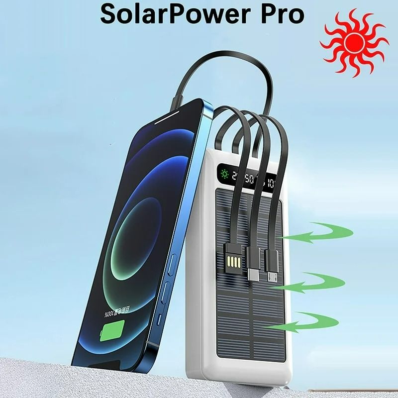 20000/30000mah Solar Power Bank Portable Charger Usb 4 In1 Spare Battery Led Light Outdoor Power Bank  For Xiaomi Iphone Samsung
