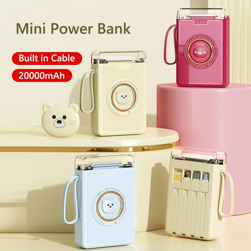 New 10000mAh Cartoon cute Power Bank Mini Power Bank Built 4 Cables Portable Charger Cute Powerbank