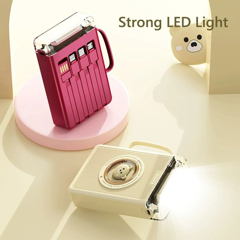 New 10000mAh Cartoon cute Power Bank Mini Power Bank Built 4 Cables Portable Charger Cute Powerbank