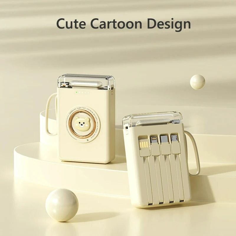 New 10000mAh Cartoon cute Power Bank Mini Power Bank Built 4 Cables Portable Charger Cute Powerbank