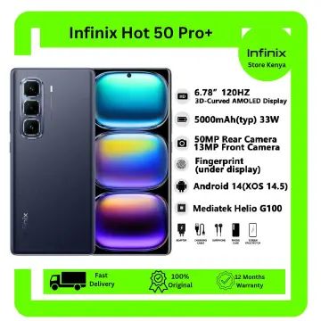 Infinix Hot 50 Pro+ Plus 128GB+16(8+8)GB 6.7" 3D-Curved AMOLED 120Hz Screen Phone 5000mAh with 33W Type-C 50MP Camera MTK Helio G100 Fingerprint Lock Hot 50 Pro+ Smart Phone
