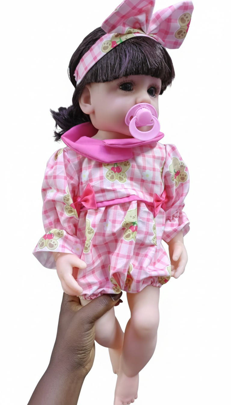 Realistic 24-Inch Reborn Baby Doll – Beautiful Newborn Toy in Pink Gingham Dress with Pacifier
