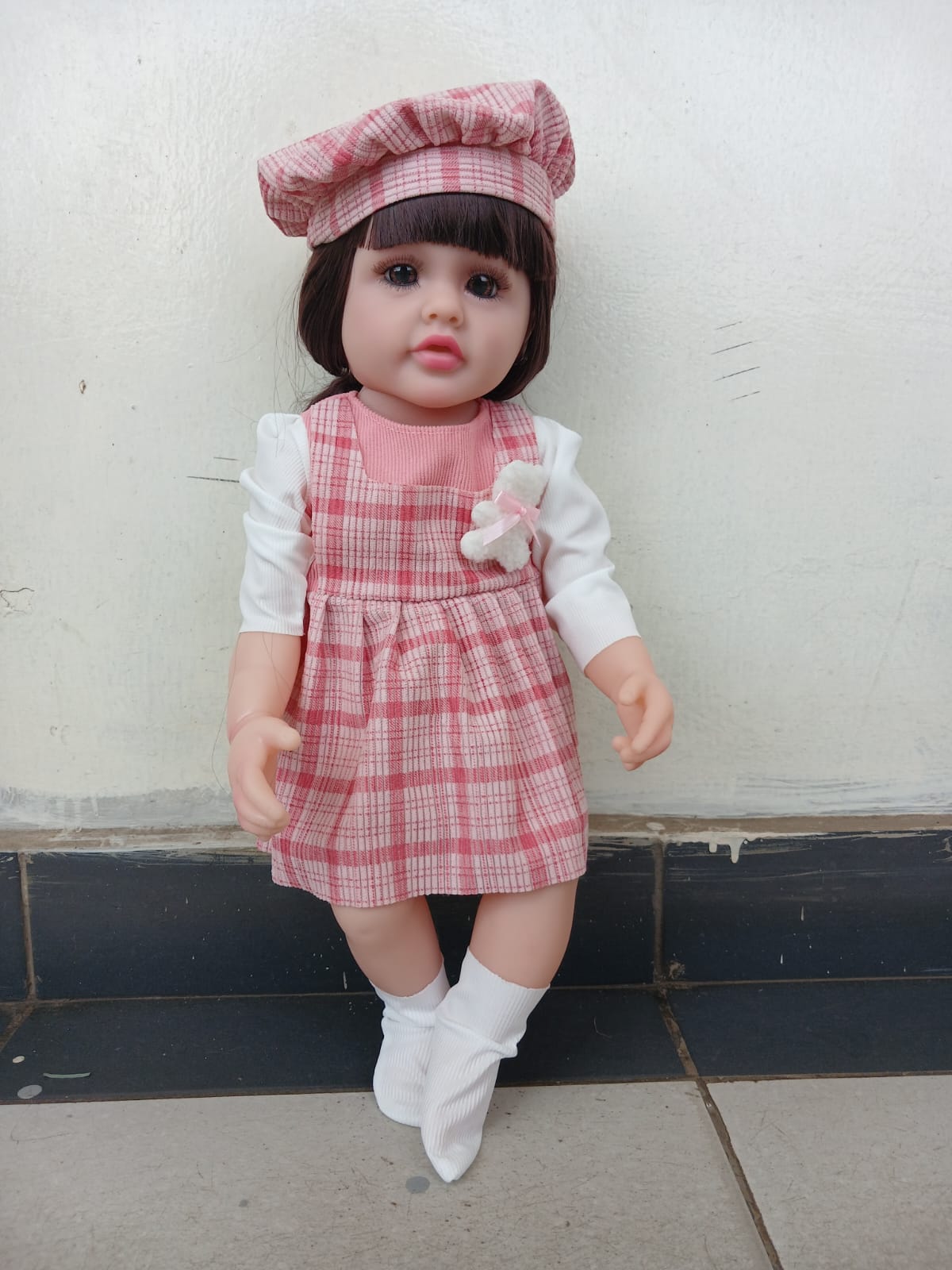 Realistic 24-Inch Reborn Baby Doll – Beautiful Newborn Toy in Pink Gingham Dress with Pacifier