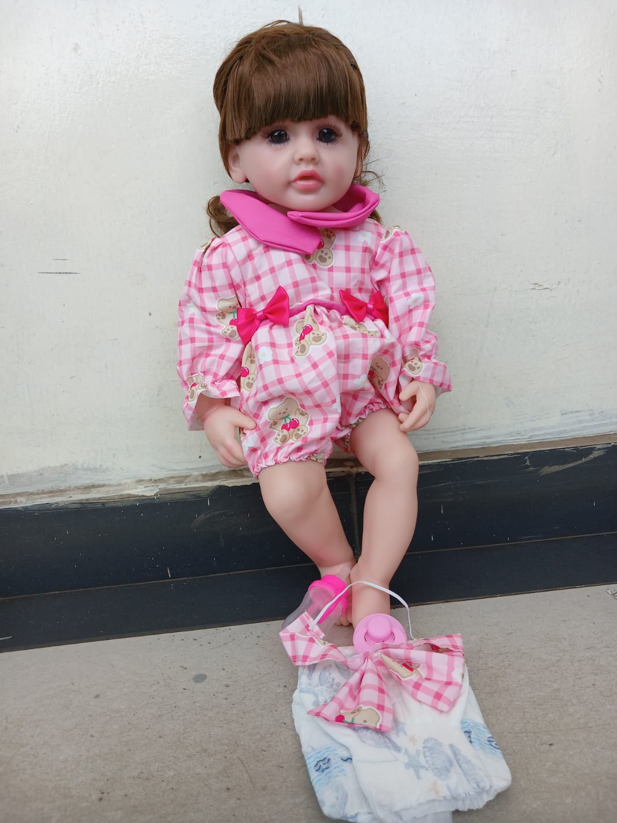 Realistic 24-Inch Reborn Baby Doll – Beautiful Newborn Toy in Pink Gingham Dress with Pacifier