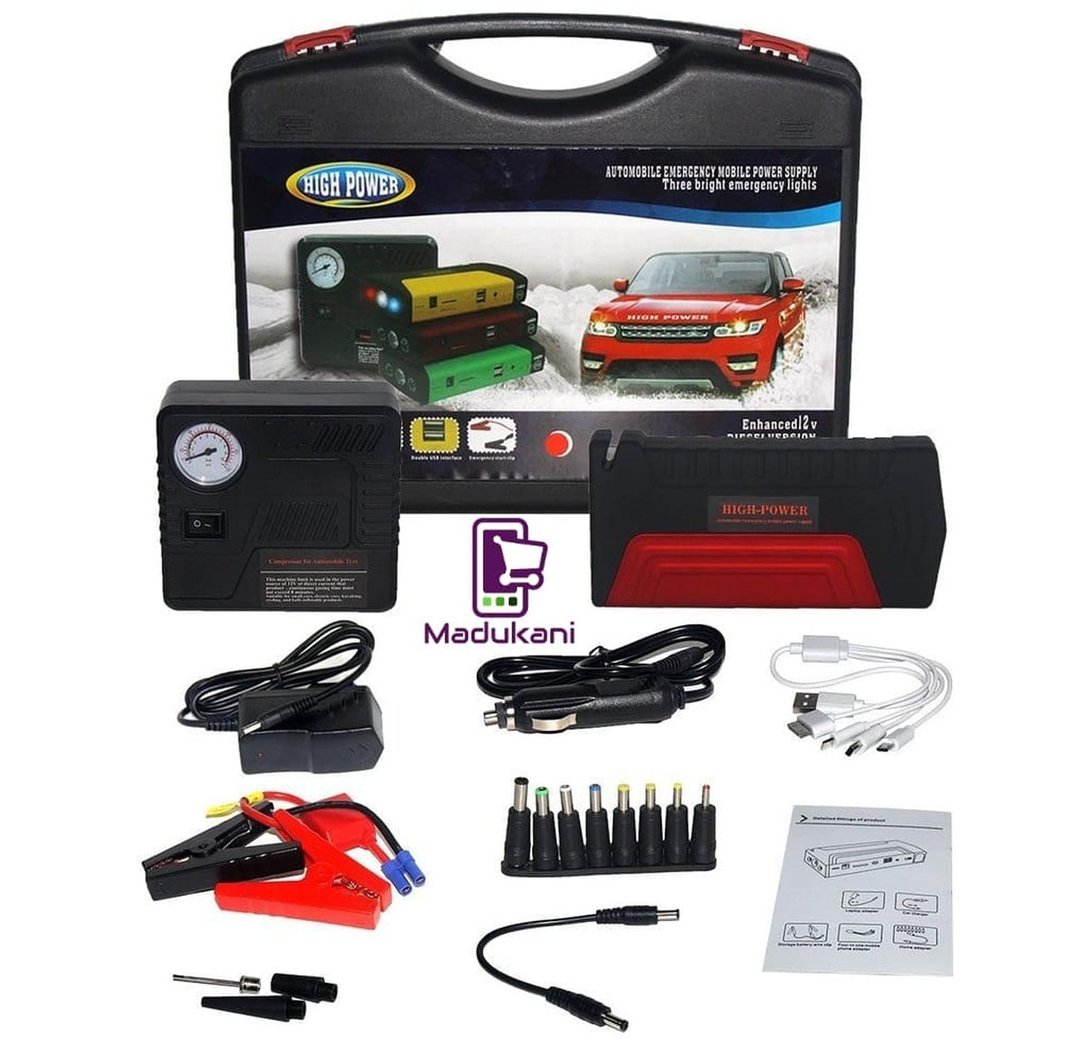 Portable Car Jump Starter Kit And Air Compressor 4USB port's, power adapter and USB cable Powerful Air compressor Phone charger Emergency Car Jump starter Kit High Capacity battery power bank